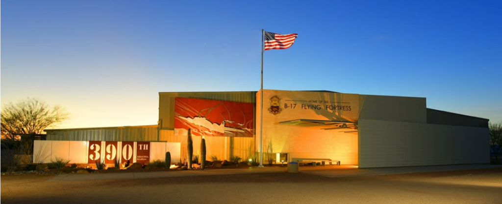 exterior picture of the 390th memorial museum at dusk