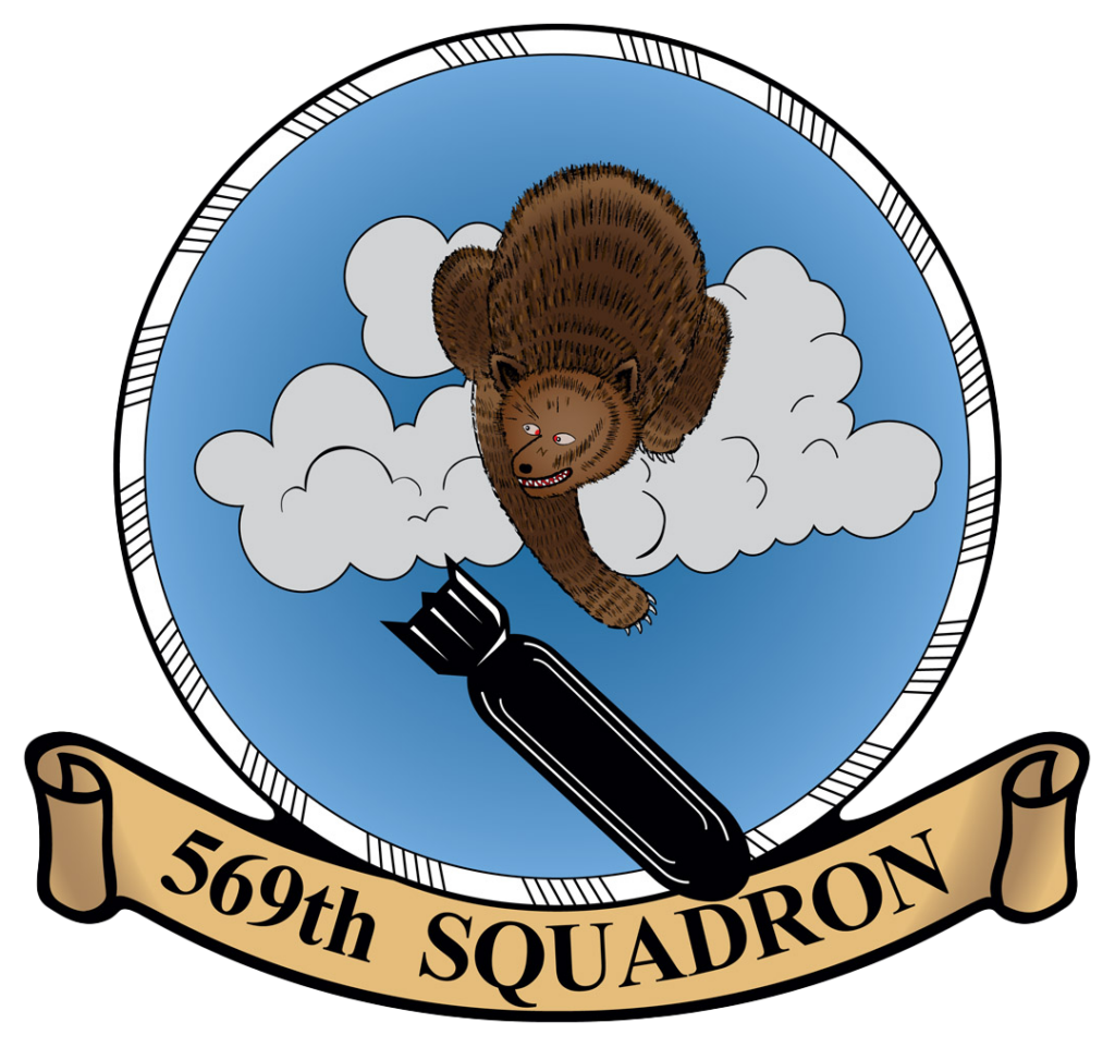 the 569th squadron insignia, a bear throwing a bomb