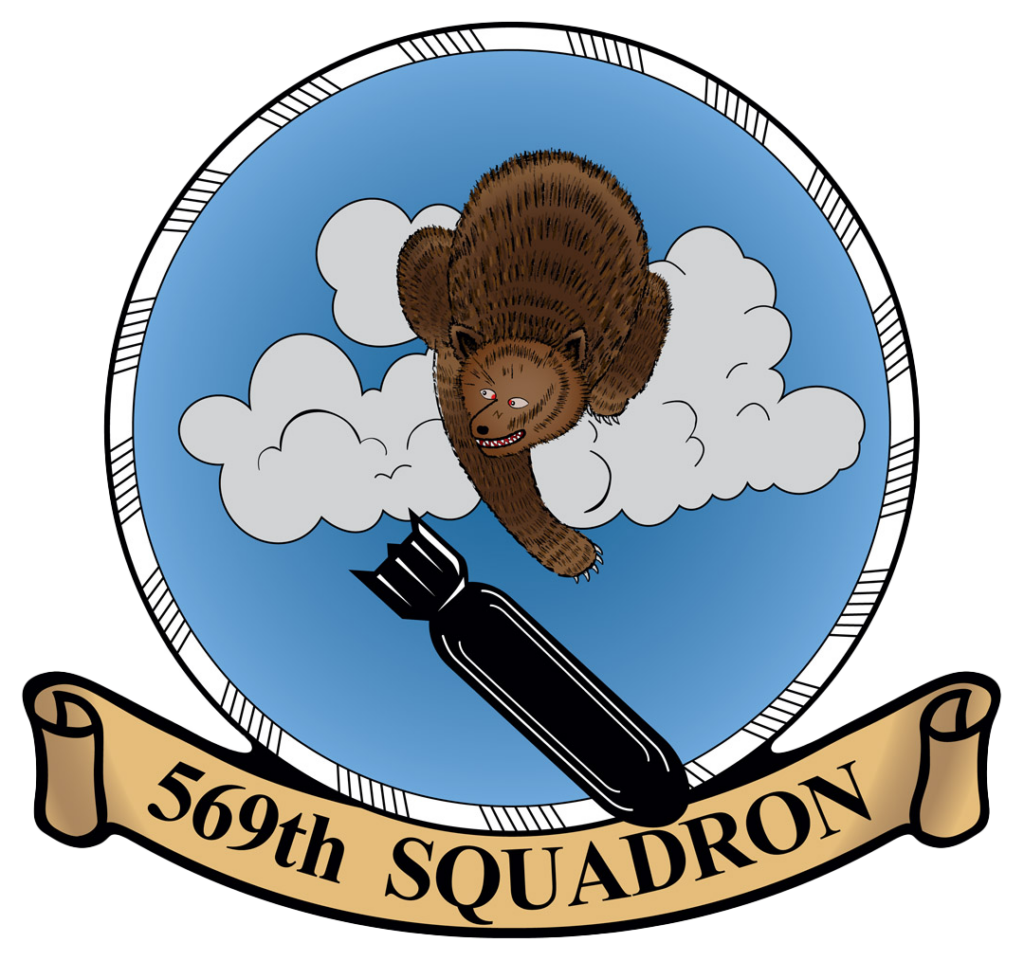 the 569th squadron insignia, a bear throwing a bomb