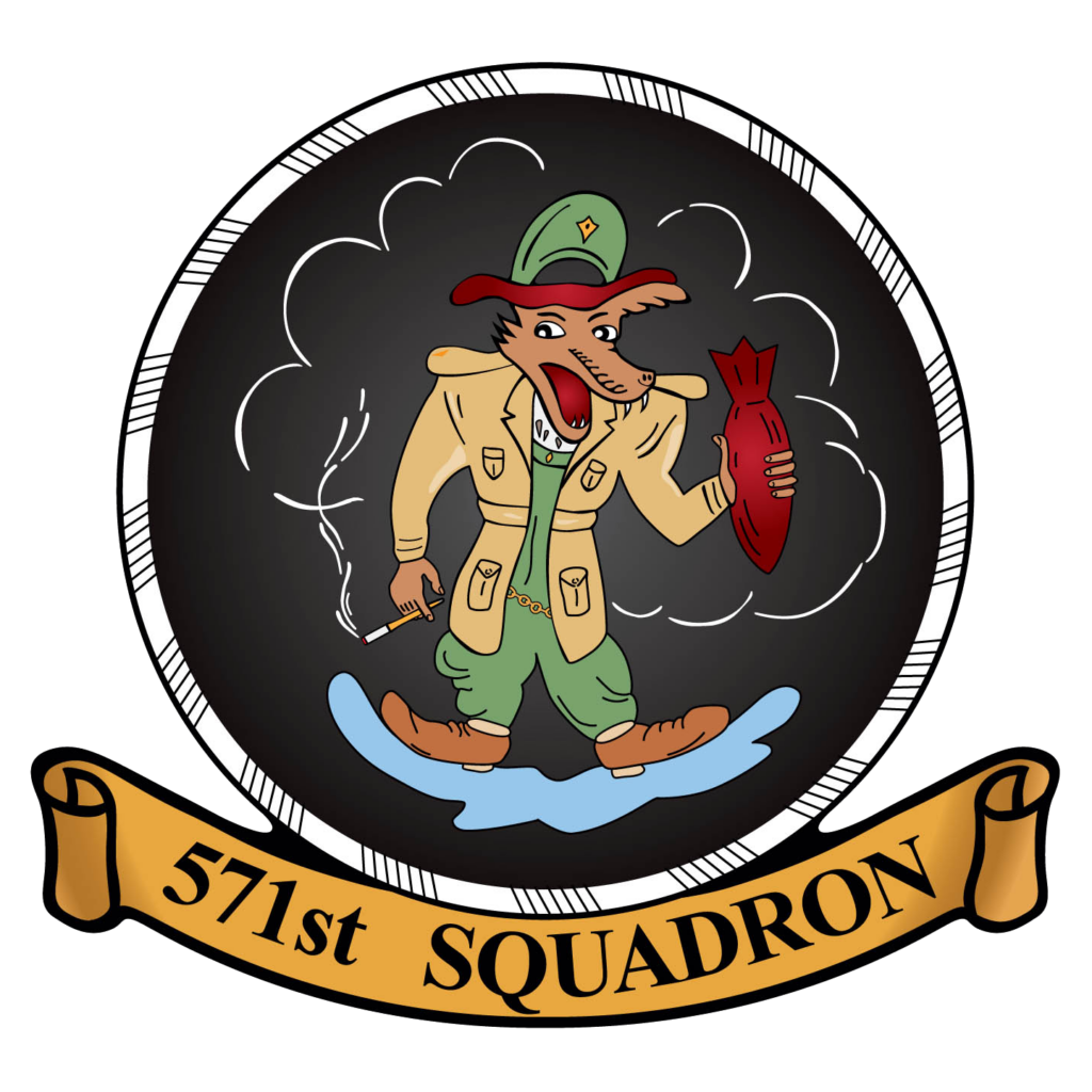 the 571st squadron insignia, a wolf in a suit holding a bomb