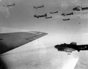 b-17s in formation, dropping bombs on a mission