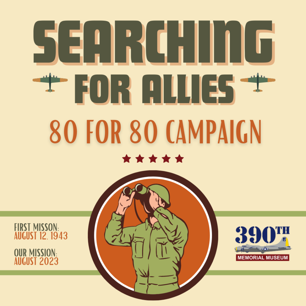 poster for 80 for 80 campaign with soldier looking out with binoculars, "searching for allies"